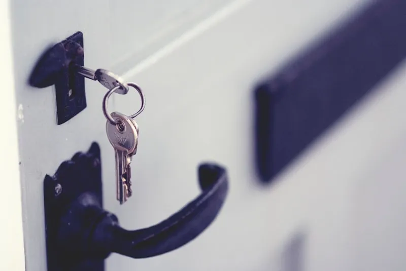 A padlock securing a white sliding door.