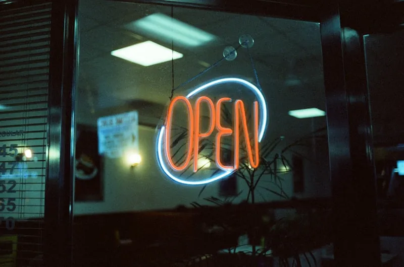 A shopfront door with an illuminated open sign.